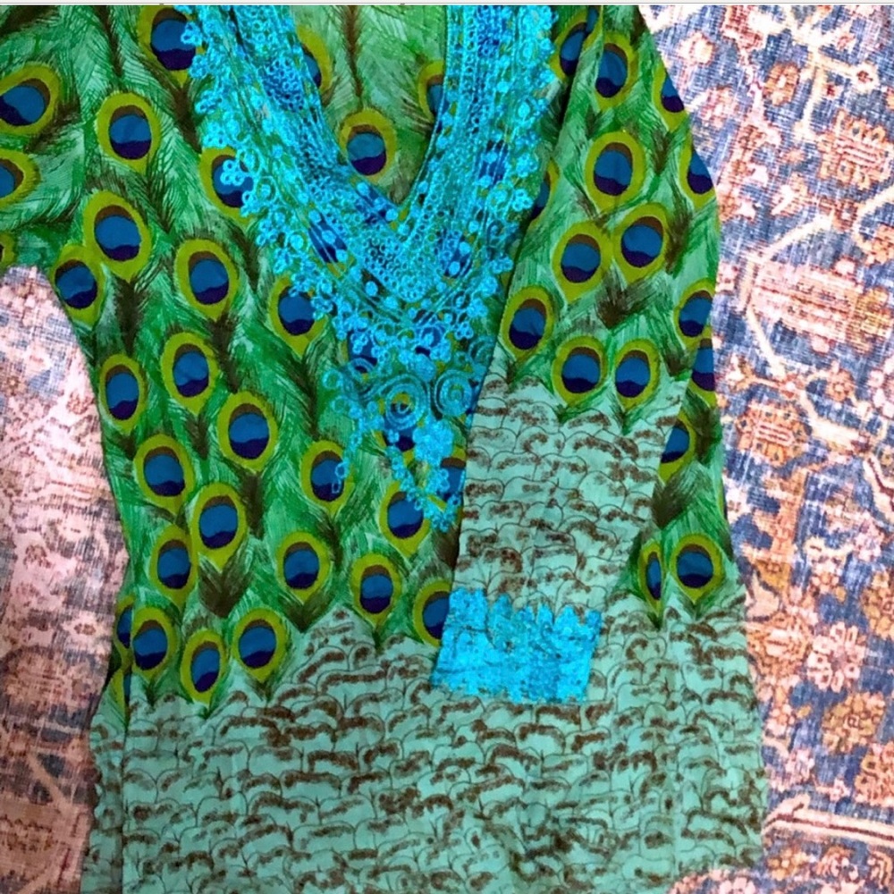 Sol Tunic Top Womens Small Multicolor Tropical Embroidered V-Neck Long Sleeves